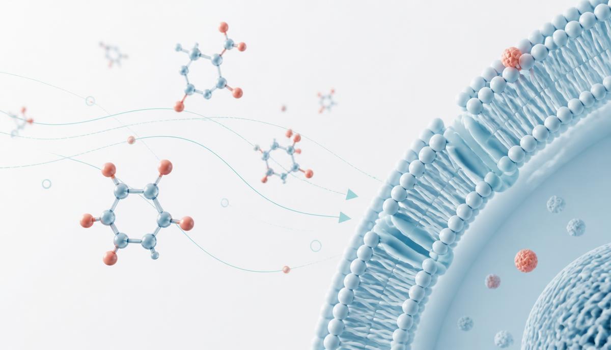 Editorial illustration of molecules moving toward a cell membrane