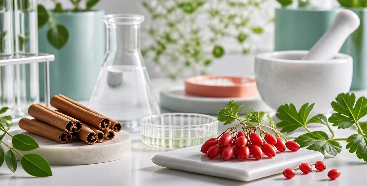 Cinnamon, botanicals, berries, and laboratory glassware arranged on a bright table
